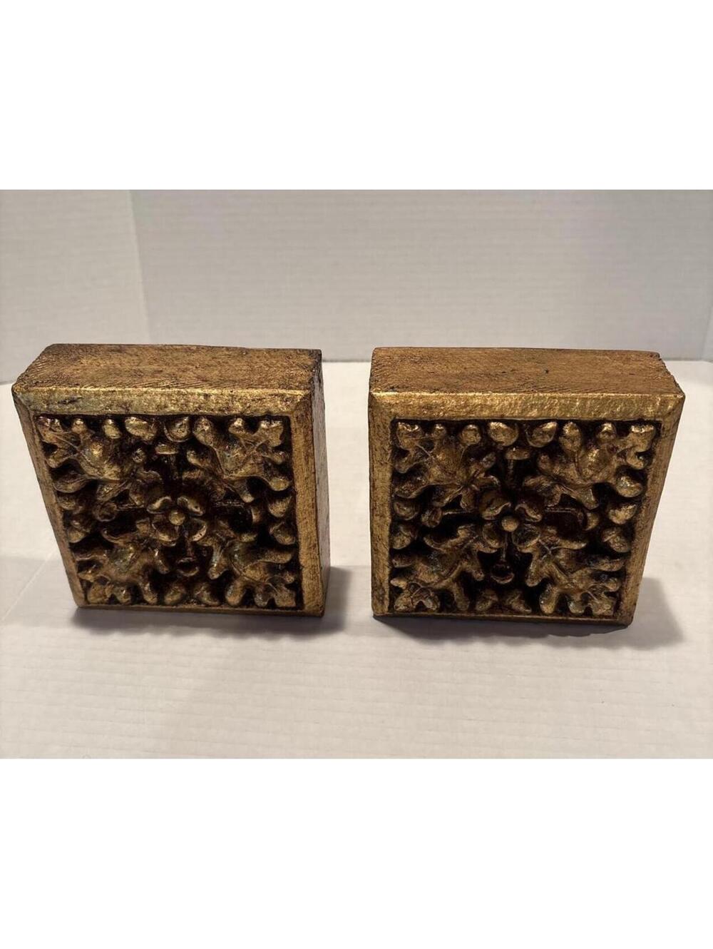 Pair of Vintage Decorative Gold Tone Wooden Blocks with Carved Floral Pattern
